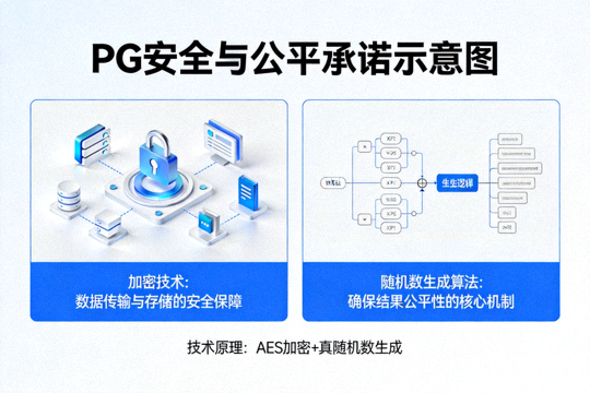 PG安全与公平承诺示意图，展示加密技术与随机数生成算法概念